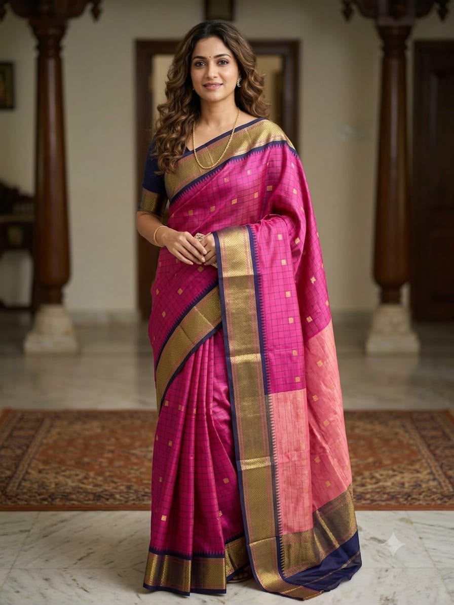 Rani Pink Banarasi Silk Saree with Navy Blue Gold Zari Border